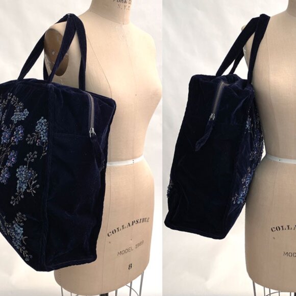 ZARA Navy Velvet Tote With Sequin Embroidery 14.5 x 15 NWOT - Picture 8 of 13